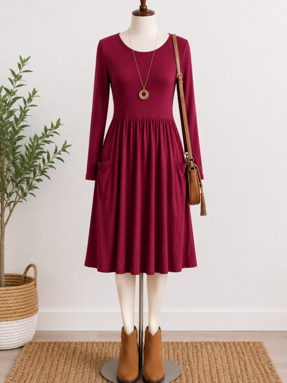 Korsis Burgundy Long Sleeve Dress Size XL | Flowy | Casual Chic
